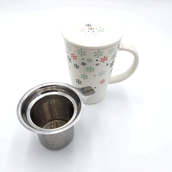 Davids Tea Perfect Mug Snowflakes with Tea Infuser Ceramic Lid Green Inner 12 oz - Picture 9 of 10